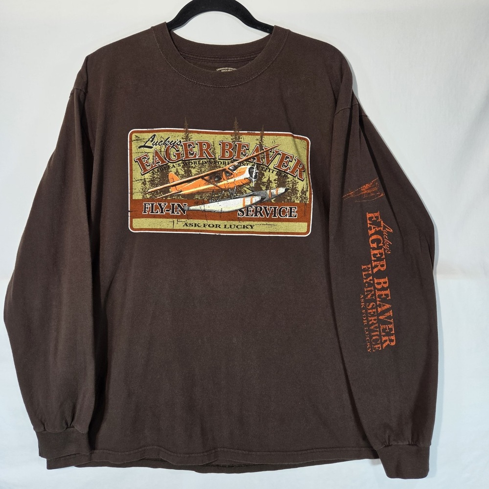 Cabela's Eager Beaver Fly-In Graphic Tee Men Large Brown Excellent  Long Sleeve